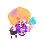  1girl blonde_hair chain_necklace chest_sarashi chest_tattoo don_quixote_(project_moon) drooling electricleaf facial_tattoo food highres holding holding_food holding_ice_cream ice_cream jacket jewelry limbus_company looking_to_the_side neck_tattoo necklace open_mouth project_moon purple_jacket sarashi short_hair solo stomach_tattoo tattoo upper_body yellow_eyes 
