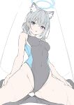  1boy 1girl animal_ear_fluff animal_ears bare_arms bare_shoulders black_one-piece_swimsuit blue_archive blue_eyes blush breasts bulge commentary covered_navel cross cross_hair_ornament earrings extra_ears girl_on_top grey_hair hair_ornament heavy_breathing highleg highleg_swimsuit highres inverted_cross jewelry looking_at_viewer masabodo medium_breasts official_alternate_costume one-piece_swimsuit open_mouth shiroko_(blue_archive) shiroko_(swimsuit)_(blue_archive) simple_background stud_earrings swimsuit white_background wolf_ears wolf_girl 