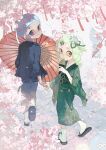  1boy 1girl absurdres cherry_blossoms commentary_request flower food from_above green_hair green_kimono grey_hair grey_hakama hair_flower hair_ornament hairclip hakama haori highres holding holding_food holding_hands holding_ice_cream holding_ice_cream_cone holding_umbrella ice_cream ice_cream_cone japanese_clothes jellyfish_(splatoon) kimono long_hair looking_back octoling octoling_boy octoling_girl octoling_player_character okobo outdoors red_eyes rongyu1029 sandals short_hair splatoon_(series) tentacle_hair thick_eyebrows umbrella walking yellow_eyes 