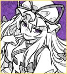  1girl breasts ch00suke hat hat_ribbon juliet_sleeves limited_palette long_sleeves looking_at_viewer mob_cap parted_lips pointing pointing_at_self puffy_sleeves purple_background purple_eyes ribbon seductive_smile simple_background small_breasts smile solo tabard touhou upper_body yakumo_yukari 