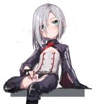  1girl absurdres aqua_eyes beudelb chibi girls&#039;_frontline gloves grey_hair hair_over_one_eye highres looking_at_viewer mg5_(girls&#039;_frontline) nail_polish red_nails sitting solo 
