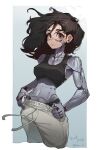 1girl abs absurdres alita battle_angel_alita black_hair breasts brown_eyes commentary_request cyborg frown hand_on_own_hip highres jeehyung_seo korean_commentary long_hair looking_at_viewer pants robot_girl sideboob signature solo tank_top track_pants 