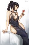  1girl alcohol alternate_costume arm_support baldur&#039;s_gate baldur&#039;s_gate_3 black_hair braid breasts cup drinking_glass dungeons_&amp;_dragons elf gelldraws green_eyes highres holding holding_cup large_breasts long_hair looking_at_viewer multi-tied_hair pointy_ears scar scar_on_face shadowheart_(baldur&#039;s_gate) sitting smile solo wine wine_glass 