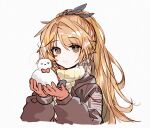  1girl arknights black_eyes black_jacket blush closed_mouth cropped_torso dot_nose feather_hair gloves hair_between_eyes hair_intakes half_updo hansuitianer high_ponytail holding_snowman jacket long_hair long_sleeves looking_at_viewer open_clothes open_jacket orange_hair orange_pupils own_hands_together pinecone_(arknights) red_gloves sidelocks simple_background smile snowman solo sweater turtleneck turtleneck_sweater white_background yellow_sweater 