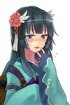  black_hair blue_eyes blush flower hair_flower hair_ornament japanese_clothes kimono rune_factory rune_factory_2 solo sora_(efr) yue_(rune_factory) 