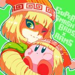  arms_(game) blonde_hair blush_stickers colored_skin copy_ability cosplay domino_mask green_background green_eyes kirby kirby_(series) knit_hat mask min_min_(arms) min_min_(arms)_(cosplay) one_eye_closed outline pink_skin short_hair solid_oval_eyes super_smash_bros. white_outline yuni_(unitary_580) 