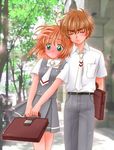  1girl artist_request bag blush brown_hair cardcaptor_sakura green_eyes kinomoto_sakura li_xiaolang school_uniform short_hair tomoeda_middle_school_uniform 