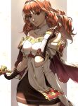  1girl bare_shoulders black_gloves black_skirt breasts celica_(fire_emblem) cleavage closed_mouth commentary cowboy_shot delsaber detached_collar dress earrings fingerless_gloves fire_emblem fire_emblem_echoes:_shadows_of_valentia floating_hair gloves gold_trim hair_intakes holding holding_sword holding_weapon jewelry lips long_hair looking_at_viewer off-shoulder_dress off_shoulder orange_eyes orange_hair pink_lips puffy_short_sleeves puffy_sleeves red_eyes short_sleeves skirt smile solo standing sword weapon white_dress 