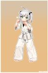  1girl ahoge barefoot belt border chinese_commentary chinese_text clenched_hand colored_tips commentary_request dougi full_body green_eyes green_hair highres kuma-bound long_hair martial_arts_belt multicolored_hair orange_background original pants simple_background solo standing toes translation_request two-tone_hair v-shaped_eyebrows white_belt white_border white_hair white_pants 