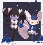  black_background blue_eyes blue_flower border colored_sclera falling_petals flower flower-shaped_pupils gothita highres meowstic meowstic_(female) multiple_tails outside_border petals pokemon pokemon_(creature) red_eyes simple_background sparkle standing suimin_ap_(aroniumu) symbol-shaped_pupils tail white_border white_fur yellow_sclera 