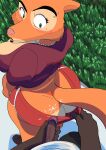 absurd_res big_breasts big_butt blush blush_lines breasts brown_body brown_fur butt candid canid canine clothing clothing_pull diane_foxington dreamworks duo female fox fox_tail fur genitals grass_field hi_res male mammal penis shirt tagme the_bad_guys toonarscontent topwear