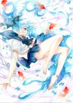  1girl barefoot black_bow black_skirt blue_eyes blue_hair bottle_miku bow closed_mouth dated eyelashes fish from_side goldfish hatsune_miku highres long_hair midriff mosho sailor_collar signature skirt socks solo thighs traditional_media very_long_hair vocaloid water_drop white_socks 