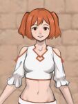  1girl a-pose bare_shoulders belt blurry blurry_background bob_cut breasts brick_wall brown_eyes clothing_cutout collarbone commentary crop_top cropped_shirt depth_of_field frilled_sleeves frills highres kanne_(sousou_no_frieren) looking_at_viewer medium_breasts midriff navel orange_hair parted_lips shirt short_hair short_sleeves shoulder_cutout smaragdus smile solo sousou_no_frieren standing straight-on two_side_up upper_body white_belt white_shirt 