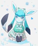  aqua_eyes blush bow bowtie bright_pupils closed_mouth clothed_pokemon commentary_request frilled_shirt frills full_body glaceon green_shirt hat highres no_humans pokemon pokemon_(creature) shirt sitting smile snowflakes solo white_background white_pupils yosame0a 