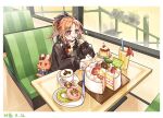 1girl :t arknights birthday_cake blush booth_seating border brown_eyes brown_jacket cake closed_mouth coffee_cup collared_jacket cup dated diamond-shaped_pupils diamond_(shape) disposable_cup doughnut drink drinking_straw eating feather_hair food fumi_(fyvr2372) happy_birthday highres holding_utensil indoors jacket long_hair long_sleeves looking_ahead metal_crab_(arknights) orange_hair parted_bangs pinecone_(arknights) ponytail restaurant saucer sidelocks sign smile solo sparkle stuffed_animal stuffed_rabbit stuffed_toy sweater symbol-shaped_pupils table turtleneck turtleneck_sweater upper_body white_border window yellow_sweater 