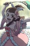  1girl arm_up armpits bare_shoulders brown_hair collarbone commentary_request dress hair_ornament holding hoop_skirt kagari_atsuko little_witch_academia long_hair looking_at_viewer open_mouth outstretched_arm pink_dress ponytail red_eyes ribbon skirt solo strapless strapless_dress uganda_(ugandam_00) 
