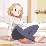  1girl barefoot blanket blonde_hair blue_pants bob_cut breasts brown_eyes cleavage eyelashes feet full_body highres indoors katsuhito_omiya looking_to_the_side on_bed original pants pillow shirt sitting solo toes white_shirt window window_shadow 