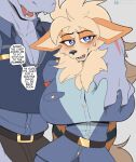  anthro arcanine biped blush breast_grab breasts clothed clothing cooliehigh dialogue duo female fur generation_1_pokemon hand_on_breast hi_res humanoid male nintendo open_mouth orange_body orange_fur pokemon pokemon_(species) speech_bubble 
