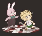 2021 animal_crossing anthro artist_name bangs black_background black_eyes blonde_hair blood blood_on_clothing blood_on_face blood_on_weapon bodily_fluids boots bottomwear bow_tie brown_boots brown_clothing brown_footwear buckteeth bunny_costume button_(fastener) clock clothing colored costume cracked_floor crossover digital_drawing_(artwork) digital_media_(artwork) distracted duo female floor footwear fur gesture green_bottomwear green_clothing green_skirt hair heather_mason_(silent_hill) hi_res holding_object holding_pipe holding_weapon human konami lagomorph leporid long_ears male mammal mitten_hands multicolored_body multicolored_fur nintendo open_mouth orange_wristband overalls pink_body pink_fur pink_nose pipe purple_clothing purple_overalls rabbit reachfarhigh red_eyes red_tongue robbie_the_rabbit_(silent_hill) short_hair silent_hill simple_background skirt sleeveless_jacket standing tan_body tan_skin teeth text tile tile_floor tongue topwear triangle_nose vest walking watch waving weapon white_body white_clothing white_fur white_inner_ear white_topwear white_vest wristband