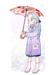  apple_print blush boku_no_hero_academia boots border buttons closed_mouth coat eri_(boku_no_hero_academia) full_body grey_hair hair_bobbles hair_ornament highres holding holding_umbrella horns long_hair long_sleeves oru_2ji print_umbrella purple_coat purple_raincoat raincoat red_eyes rubber_boots single_horn umbrella white_border white_footwear 