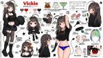 1girl :o :t absurdres ahoge arm_up artist_name ass_visible_through_thighs asymmetrical_legwear bandaid bandaid_on_arm bandaid_on_hand bandaid_on_stomach bandaid_on_thigh belt black_belt black_choker black_footwear black_hoodie black_nails black_skirt blue_panties boots breasts brown_hair bug cd character_name chibi choker cleavage close-up closed_mouth collarbone cowboy_shot cross-laced_footwear deformed doll earrings eating electric_plug electric_plug_tail english_commentary english_text facing_to_the_side full_body groin hand_up head_tilt heart heart_choker highres holding holding_doll hood hoodie hoop_earrings horizontal-striped_thighhighs jewelry knee_boots lace-up_boots long_hair looking_at_viewer looking_back looking_to_the_side luna_moth mismatched_legwear mole mole_under_eye mole_under_mouth moth multiple_views navel one_eye_closed original panties parted_lips pleated_skirt red_eyes reference_sheet ringed_eyes single_bare_shoulder skirt spiked_choker spikes standing star_(symbol) sticker stomach tail_raised thighs underwear uneven_legwear vickie_(cryingrobot) vickie_(cryingrobot)_(character) white_background 
