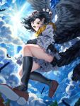  1girl bird_wings black_feathers black_gloves black_hair black_skirt black_socks black_wings blue_sky bug cloud cloudy_sky colored_shoe_soles commentary_request day falling_feathers feathered_wings feathers fly frilled_skirt frilled_sleeves frills gloves hat highres juliet_sleeves kneehighs long_sleeves miniskirt outdoors pointy_ears pom_pom_(clothes) puffy_sleeves red_eyes red_footwear red_hair scarf shameimaru_aya shirt short_hair skirt sky socks solo tokin_hat touhou tree tsuyuji_shigure white_shirt wide_sleeves wings yellow_scarf 