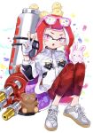  &gt;_&lt; 1girl bear bird chick cross-laced_footwear fang full_body gradient_hair highres hydra_splatling_(splatoon) inkling inkling_girl inkling_player_character jacket long_hair multicolored_hair open_mouth pants pink_eyes pink_fur pink_hair pointy_ears psya_ma rabbit red_hair red_pants shoes sitting skin_fang solo splatoon_(series) tentacle_hair two-tone_hair v very_long_hair white_background white_jacket 