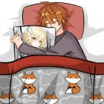  1boy artist_name bed blanket body_pillow closed_eyes ear_piercing earrings fox genshin_impact grey_pajamas highres instagram_logo instagram_username jewelry kamiiart lumine_(genshin_impact) orange_hair pajamas piercing pillow quilt sleeping tartaglia_(genshin_impact) twitter_logo twitter_username 