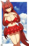  1girl :d absurdres animal_ears bare_arms bare_shoulders bikini bikini_skirt blush breasts brown_hair cleavage color_neko_(user_yfvc3323) commentary_request cowboy_shot daiwa_scarlet_(trifle_vacation)_(umamusume) daiwa_scarlet_(umamusume) hair_between_eyes hair_bobbles hair_intakes hair_ornament hand_on_own_hip highres horse_ears horse_girl horse_tail large_breasts long_hair looking_at_viewer low_twintails miniskirt navel official_alternate_costume official_alternate_hairstyle red_bikini red_eyes simple_background skirt smile solo standing stomach swimsuit tail thighs twintails umamusume very_long_hair white_background 