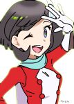  1girl black_hair churumi_(grie) gloves green_scarf looking_at_viewer official_alternate_costume one_eye_closed open_mouth pokemon pokemon_masters_ex scarf selene_(pokemon) selene_(special_costume)_(pokemon) short_hair signature smile solo upper_body white_gloves 