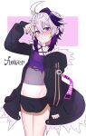  1girl adjusting_hair ahoge androgynous black_choker black_jacket black_shorts character_name choker closed_mouth crop_top cross-laced_clothes cross-laced_top expressionless flower_(gynoid_talk) flower_(vocaloid) fur-trimmed_jacket fur_trim gynoid_talk hair_between_eyes highres huge_ahoge jacket light_blush looking_at_viewer multicolored_hair navel open_clothes open_jacket outline purple_eyes purple_hair purple_shirt shirt short_hair shorts sidelocks simple_background solo streaked_hair sukenoota thighs tomboy vocaloid white_hair white_outline 