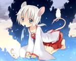  all_fours animal_ears barefoot blue_eyes copyright_request intertwined_tails kito_(sorahate) mouse_ears mouth_hold new_year rat short_hair sky solo star tail white_hair 