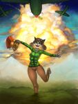 2024 5_fingers 8_breasts aircraft airplane anthro armor barefoot belt bottomwear breasts brown_bottomwear brown_clothing brown_pants canid canine canis clothing digital_media_(artwork) ellen_heart explosion feet female fingers general-irrelevant green_clothing green_eyes green_shirt green_topwear headgear helmet hi_res holding_armor holding_headgear holding_helmet holding_object looking_up mammal multi_breast on_one_leg pants shirt smile solo standing topwear vehicle wolf