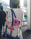  1boy 1girl bag colored_skin commentary_request fish highres kaminokefusa original outdoors pink_skin pokemon pokemon_(creature) shirt shoulder_bag tatsugiri tatsugiri_(droopy) train walking white_shirt 