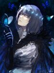  1boy absurdres bags_under_eyes black_cape blue_butterfly blue_eyes bug butterfly butterfly_on_hand cape diamond_hairband dress_shirt fate/grand_order fate_(series) from_side gami_ww highres light_particles looking_at_viewer male_focus oberon_(fate) oberon_(third_ascension)_(fate) puffy_sleeves shirt short_hair signature solo 