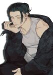  1boy absurdres asian black_hair black_jacket black_pants brown_eyes ceo_aneki closed_mouth earrings elbow_on_thigh feet_out_of_frame getou_suguru hair_bun hand_on_lap hand_on_own_chin head_rest highres jacket jacket_partially_removed jewelry jujutsu_kaisen looking_at_viewer loose_hair_strand pants shadow simple_background single_hair_bun sitting solo stud_earrings tank_top toned toned_male white_background white_tank_top 