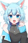  1girl :d animal_ear_fluff animal_ears bare_shoulders black_collar black_jacket blue_eyes blue_jacket blue_nails blush claw_pose collar commentary covered_collarbone cross fangs fingernails fox_ears fox_girl greek_cross hand_up heart highres indie_virtual_youtuber jacket long_sleeves looking_at_viewer mimi_(klh98pim7m88471) nagumo_asu nail_polish off_shoulder open_clothes open_jacket open_mouth simple_background smile solo upper_body virtual_youtuber white_background 