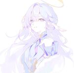  1girl :d arms_at_sides bare_shoulders blue_eyes breasts detached_collar detached_sleeves dress feather_boa grin hair_between_eyes hair_intakes halo head_wings honkai:_star_rail honkai_(series) hyeonwook9 large_breasts long_hair open_mouth purple_dress purple_hair purple_sleeves robin_(honkai:_star_rail) short_sleeves sidelocks simple_background smile solo strapless strapless_dress teeth upper_body white_background wings 