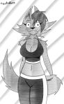  anthro big_breasts blush bra breasts canid canine canis clothed clothing coyote coyotebass female fur hair hi_res looking_at_viewer mammal monochrome simple_background smile solo sports_bra sportswear tail thick_thighs underwear xanny_(coyotebass) 