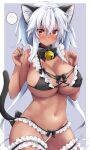  1girl absurdres alternate_costume animal_ears bell black_bra black_nails bra breasts bridal_garter brown_eyes cat_ears cat_tail covered_nipples dark-skinned_female dark_skin fake_animal_ears fake_tail grey-framed_eyewear grey_hair hair_between_eyes highres jewelry jingle_bell kantai_collection large_breasts long_hair mashiro_yukiya musashi_(kancolle) musashi_kai_ni_(kancolle) navel neck_bell pearl_thong rectangular_eyewear ring semi-rimless_eyewear solo tail twintails underwear underwear_only very_long_hair wedding_ring 