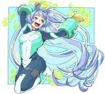  1girl blue_bodysuit blue_eyes blue_hair bodysuit boku_no_hero_academia drill_hair energy gloves green_bodysuit hadou_nejire highres long_hair multicolored_bodysuit multicolored_clothes nishino_(fetv8484) open_mouth solo twin_drills yellow_gloves 