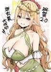  1girl arms_behind_back bad_id bad_twitter_id bare_shoulders blonde_hair breasts chinese_commentary chinese_text cleavage commentary_request crescent crescent_hair_ornament dress elf green_dress hair_ornament highres inactive_account indie_virtual_youtuber jewelry large_breasts liv_gawea long_hair looking_at_viewer navel pointy_ears red_eyes simple_background sky-freedom smile tiara traditional_chinese_text translation_request very_long_hair white_background 