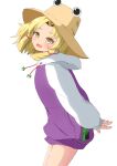  1girl blonde_hair blush bottomless breasts brown_hat commentary_request cowboy_shot hat hood hood_down hoodie long_sleeves medium_hair mizune_(winter) moriya_suwako open_mouth puffy_sleeves purple_hoodie simple_background small_breasts touhou white_background yellow_eyes 