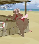 absurd_res anthro background_character beach beach_blanket beach_umbrella beverage big_butt bikini bra breasts brown_body butt butt_focus clothing cloud crispymutton curvy_figure decoration detailed_background eyes_closed female fur hi_res horn huge_butt huge_thighs lifeguard_tower open_mouth overweight pacha_(crispymutton) parasol pink_body pink_fur pink_wool rear_view sand sea seashell shell side_boob sky slightly_chubby solo solo_focus swimwear tail thick_thighs trans_(lore) trans_woman_(lore) umbrella_drink underwear wall_(structure) water wide_hips wood wood_wall wool_(fur)