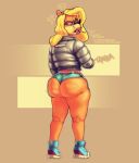 2024 activision annoyed anthro bandicoot belt big_butt black_eyebrows black_nose blonde_hair blue_bottomwear blue_clothing blue_footwear blue_shoes blue_shorts bottomwear butt cigarette cigarette_in_mouth clothed clothed_anthro clothed_female clothing crash_bandicoot_(series) cross-popping_vein cutoffs daisy_dukes dated denim denim_bottomwear denim_clothing dialogue eyebrows female female_anthro footwear fur green_eyes grey_clothing grey_jacket grey_topwear hair head_turned hi_res high_top_sneakers hotpants jacket lips long_ears long_sleeves looking_back mammal marsupial multicolored_clothing multicolored_footwear multicolored_shoes object_in_mouth orange_body orange_ears orange_fur partial_speech_bubble pink_belt pink_lips puffer_jacket raised_eyebrow rear_view red_clothing red_footwear red_shoes shoes shorts signature simple_background sixsidesofmyhead skindentation sneakers snout solo tan_background tan_text tawna_bandicoot text text_on_clothing text_on_jacket text_on_topwear thick_lips topwear white_clothing white_footwear white_shoes white_text