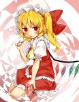  1girl ascot blonde_hair clothing_cutout crystal_wings dress flandre_scarlet food full_body harry_(namayake) heart highres leg_cutout looking_at_viewer pocky red_dress red_eyes red_ribbon ribbon side_ponytail solo touhou yellow_ascot 