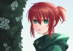  1girl absurdres buttons delfuze foliage green_eyes green_jacket hair_between_eyes hatori_chise highres jacket looking_at_viewer mahou_tsukai_no_yome open_mouth ponytail red_hair short_ponytail sidelocks solo turning_head white_background 