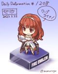  1girl bare_shoulders book cape celica_(fire_emblem) chibi copyright_name dated dress fire_emblem fire_emblem_echoes:_shadows_of_valentia full_body fushigi_ebi gradient_background holding holding_book medium_hair open_book red_eyes red_hair smile solo standing tiara twitter_username white_dress 