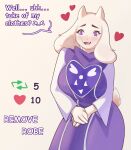 absurd_res anthro bovid caprine clothed clothing ebiy embarrassed female goat heart_symbol hi_res mammal mature_anthro mature_female solo strip_meme text toriel undertale undertale_(series)