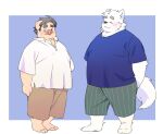 2024 anthro belly big_belly blush bottomwear canid canine canis clothing domestic_dog domestic_pig duo inunoshippo kemono male mammal overweight overweight_male shirt shorts simple_background suid suina sus_(pig) topwear